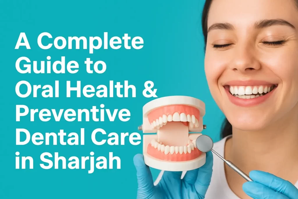 Smiling woman holding dental model with mirror tool – promoting preventive oral care at a dental clinic Sharjah.